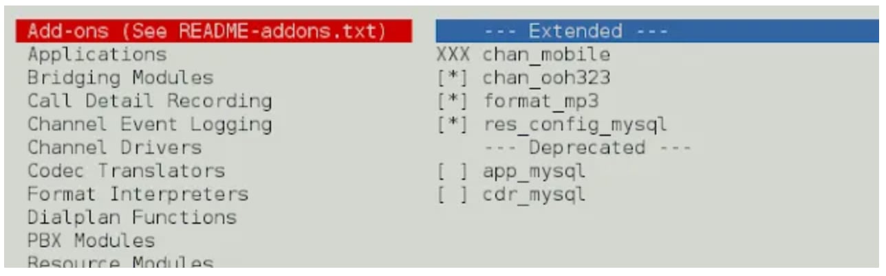 Deprecated mysql. Asterisk меню. Asterisk 20 install. Menuselect Asterisk