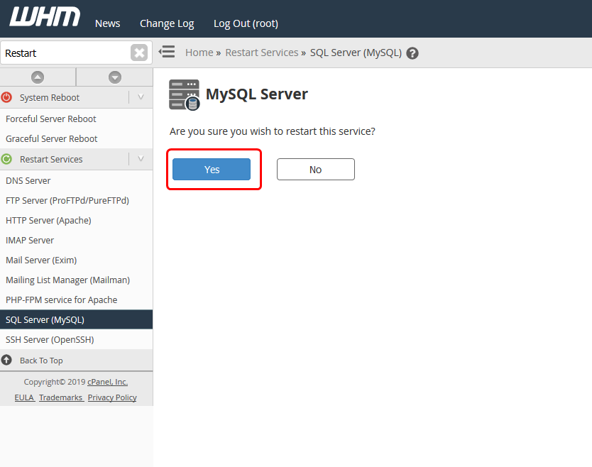 Restart service in whm sql server mysql hostwinds